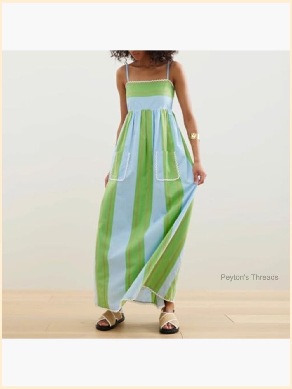 Striped Square Neck Spaghetti Strap Maxi Dress with Pockets - Picture 3 of 6